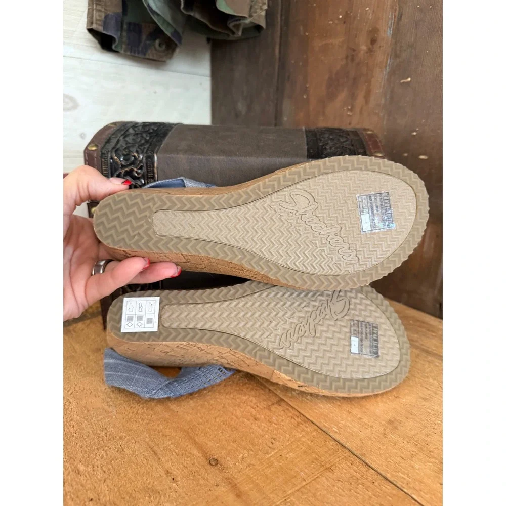 Boho Denim Blue Rhinestone Cork Wedge Comfort Sandals | Vacation Resort
